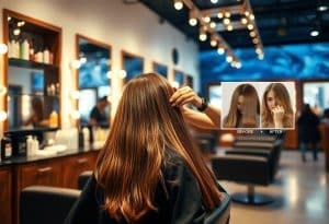 Donna con capelli prima e dopo trattamento in salone di bellezza.