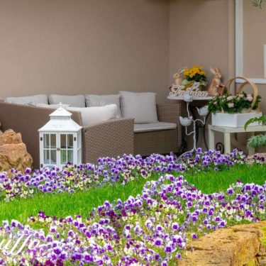 Giardino con fiori viola e arredi da esterno, zona relax con divano e piante verdi.